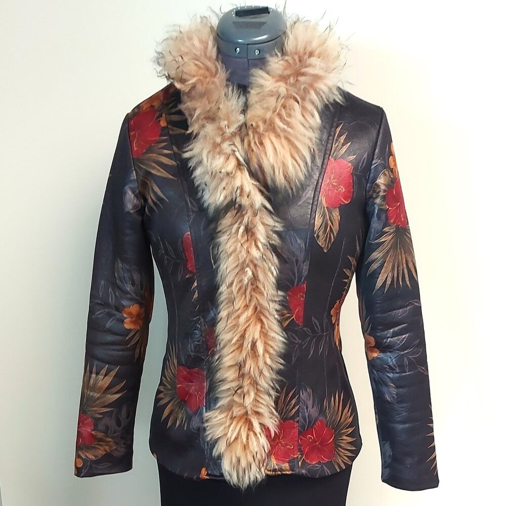Vintage Zip Front Floral Jacket with Fur Trim - Size S